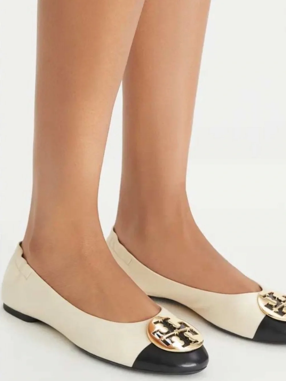 Tory Burch Claire Cap Top Leather Ballet Flats in New Cream/Black Size 9 Neutral